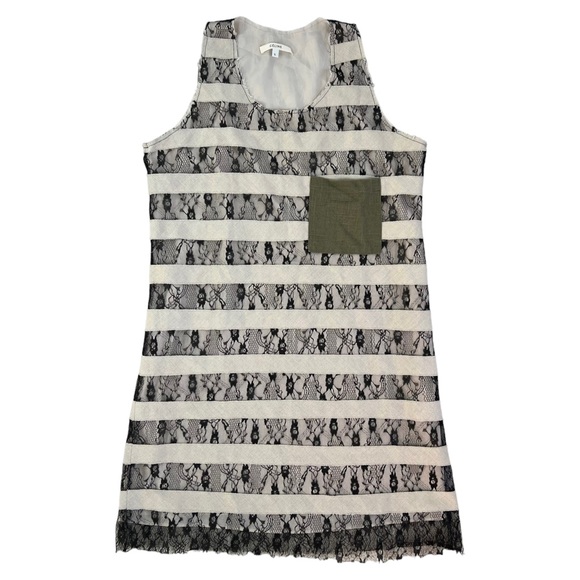 CELINE A-Line Dress Black Lace Striped Tan Lining Sleeveless Pocket Square Sz L - Picture 1 of 7